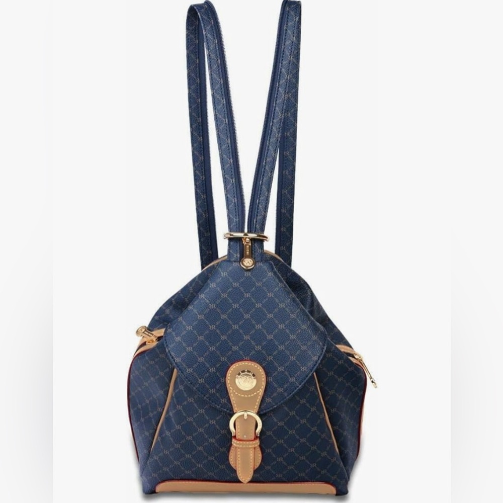 Rioni Navy Monogram Mini Backpack with Tan Trim